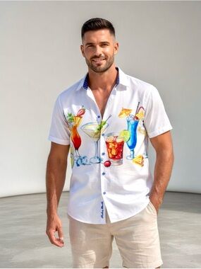 Robert Graham White Short-Sleeve Cocktail Print Button-Down Shirt men’s 4XL